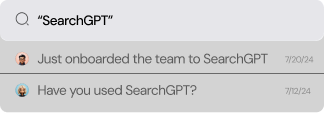 Key.ai's search functionality screenshot, showing search results for "SearchGPT" with two message snippets indicating recent discussions or updates related to the term.
